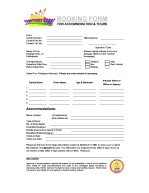 Booking Form for Accommodation & Tours