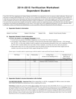 2014–2015 Verification Worksheet for Dependent Student