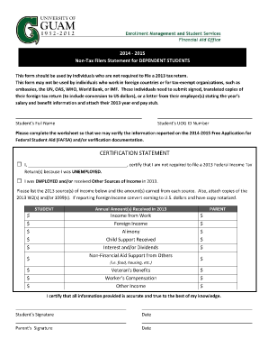 Non-Tax Filers Statement for Dependent Students