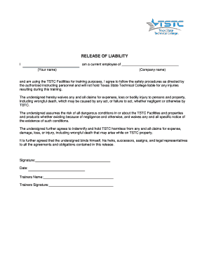 Release of Liability for TSTC Training