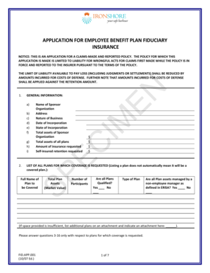 Employee Benefit Plan Fiduciary Insurance Application