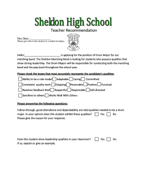 Teacher recommendation form template - Teacher Recommendation Form - Sheldon High School