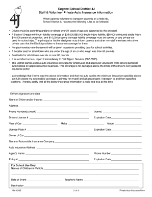 Eugene School District 4J Private Auto Insurance Form