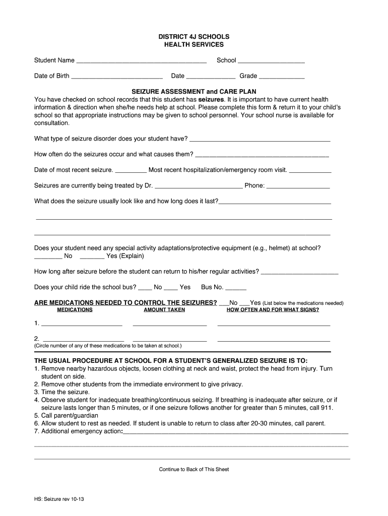 Fillable Online 4j lane Seizure Assessment amp Care Plan Eugene