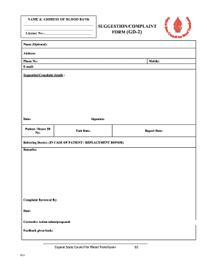 Blood Bank Suggestion Complaint Form