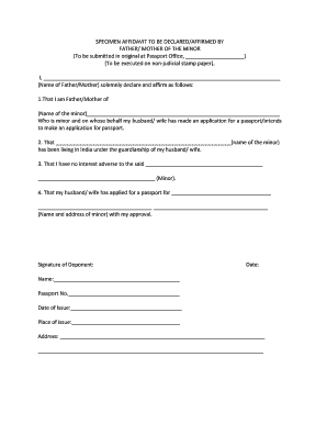 Specimen Affidavit for Minor Passport