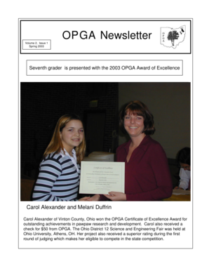 OPGA Newsletter Volume 2, Issue 1 Spring 2003 Seventh grader is presented with the 2003 OPGA Award of Excellence Carol Alexander and Melani Duffrin Carol Alexander of Vinton County, Ohio won the OPGA Certificate of Excellence Award for - -