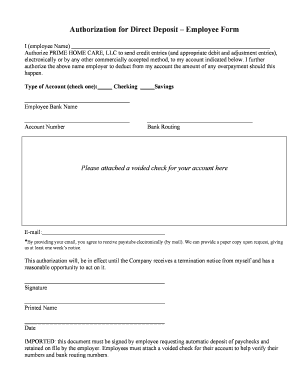 Authorization for Direct Deposit Employee Form - Prime Home ...