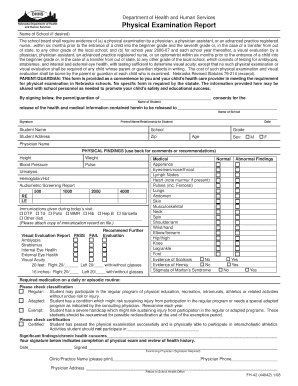 Nebraska School Physical Examination Report