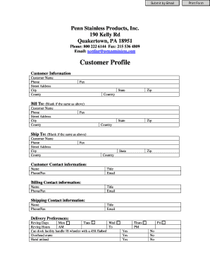 Penn Stainless Products Customer Profile Form