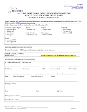 Air Force EFMP Respite Care Parent Eligibility Application