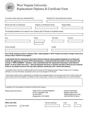 West Virginia University Replacement Diploma Form