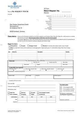 Glen Dimplex Deutschland Rückwarenantragsformular