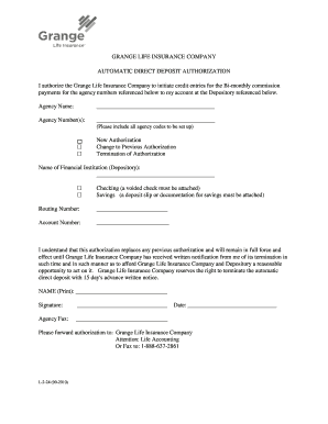 Grange Life Insurance Direct Deposit Authorization