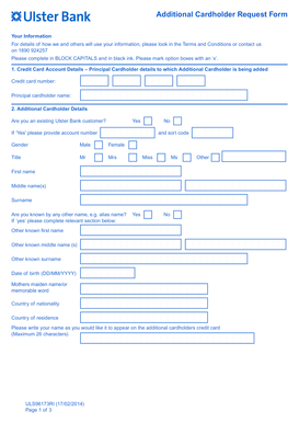 Ulster Bank Additional Cardholder Request Form