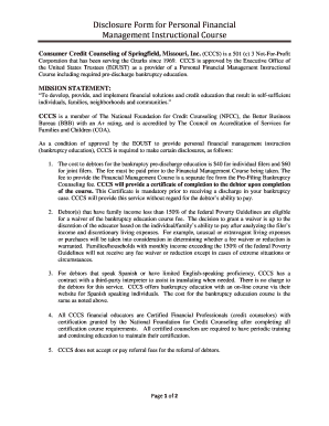 Disclosure Form for Personal Financial Management Instructional Course