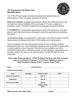 CFISD 75th Anniversary Pre-Order Form