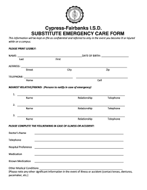 Cypress-Fairbanks I.S.D. Substitute Emergency Care Form
