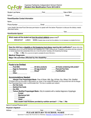 Cypress-Fairbanks Student Diet Modification Form