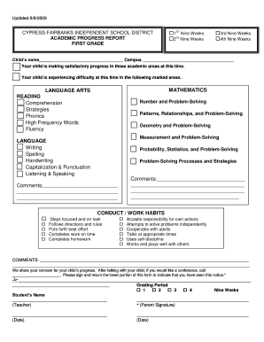 First Grade Academic Progress Report