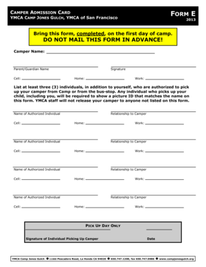 YMCA Camper Admission Card Form