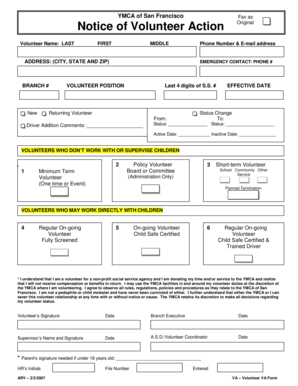 YMCA Volunteer Action Form