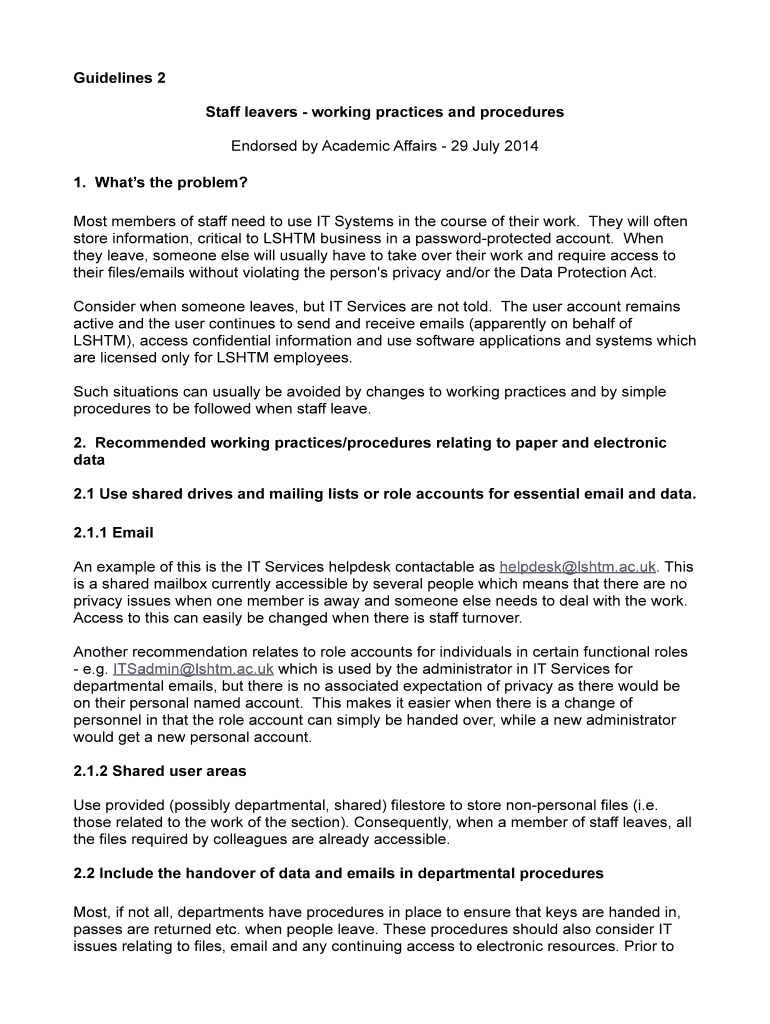 Fillable Online Lshtm Ac Guidelines 2 Staff Leavers Working Practices fillable-online-lshtm-ac-guidelines-2-staff-leavers-working-practices