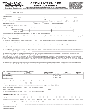 Texas de Brazil Employment Application Form