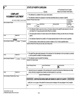 North Carolina Small Claims Eviction Complaint