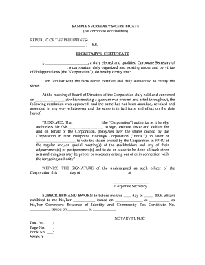 Secretary's Certificate for Corporate Stockholders
