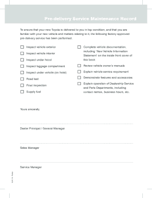 Toyota Pre-Delivery Service Maintenance Record
