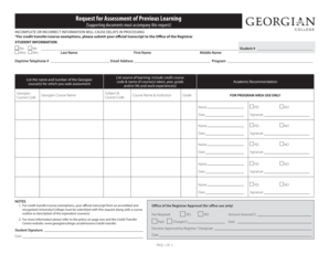 Request for Assessment of Previous Learning