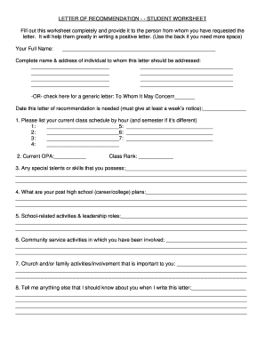 Student Letter of Recommendation Worksheet
