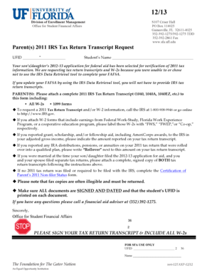 Parent 2011 IRS Tax Return Transcript Request