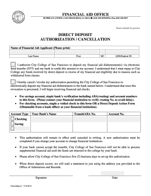 City College of San Francisco Direct Deposit Authorization