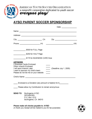 AYSO Parent Soccer Sponsorship Form