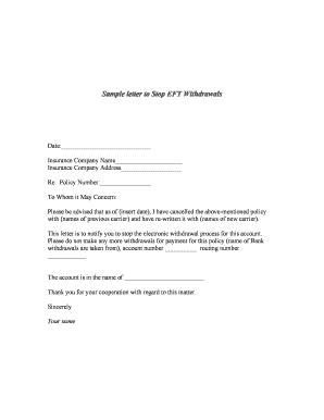Letter to Stop EFT Withdrawals