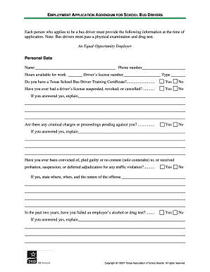 Employment Application Addendum for School Bus Drivers