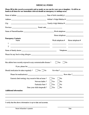 Medical Form for Athlete