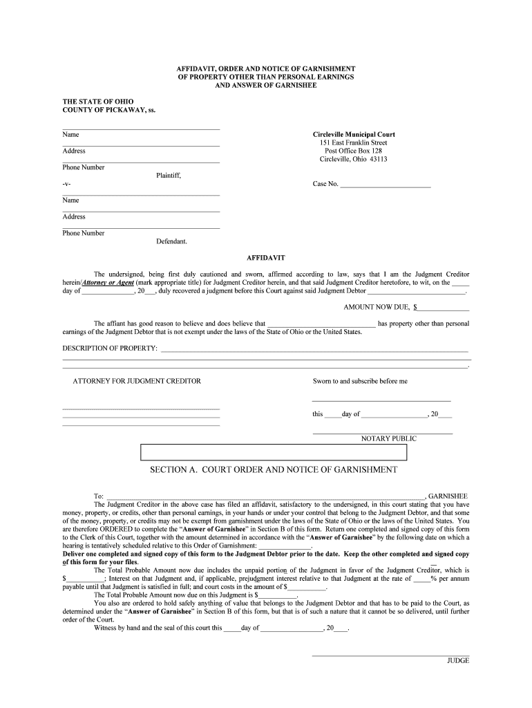Fillable Online Affidavit Order And Notice Of Garnishment Of Property