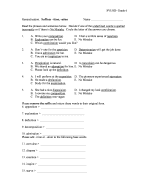Grade 6 Suffixes –ition, -ation Worksheet