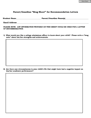 Parent Guardian Brag Sheet for Recommendation Letters