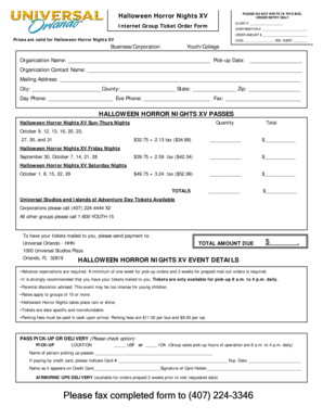 Halloween Horror Nights XV Group Ticket Order Form