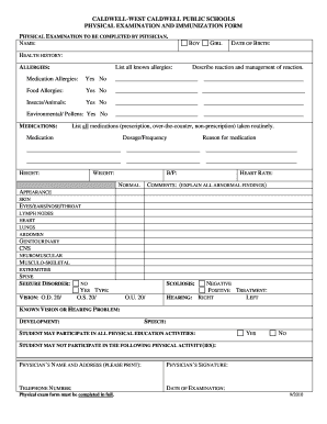 Caldwell-West Public Schools Physical Exam and Immunization Form