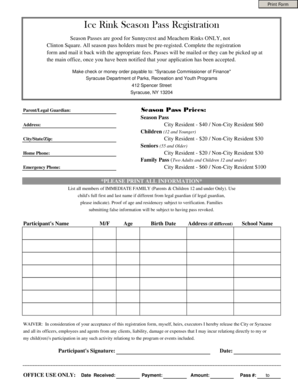 Ice Rink Season Pass Registration Form