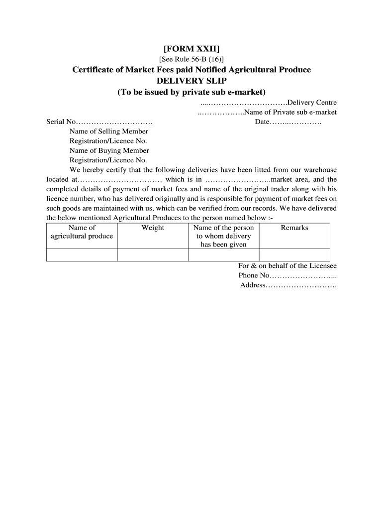 Fillable Online FORM XXII Certificate of Market Fees paid Notified