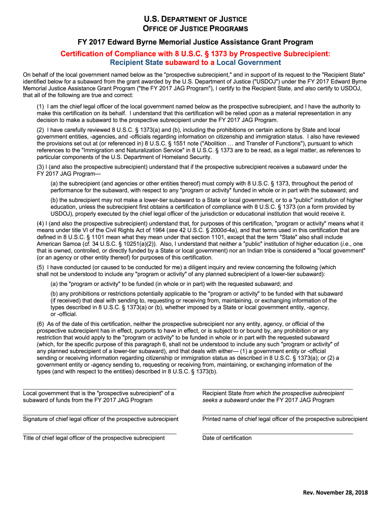 Fillable online fy 2017 byrne jag certification of compliance with 8