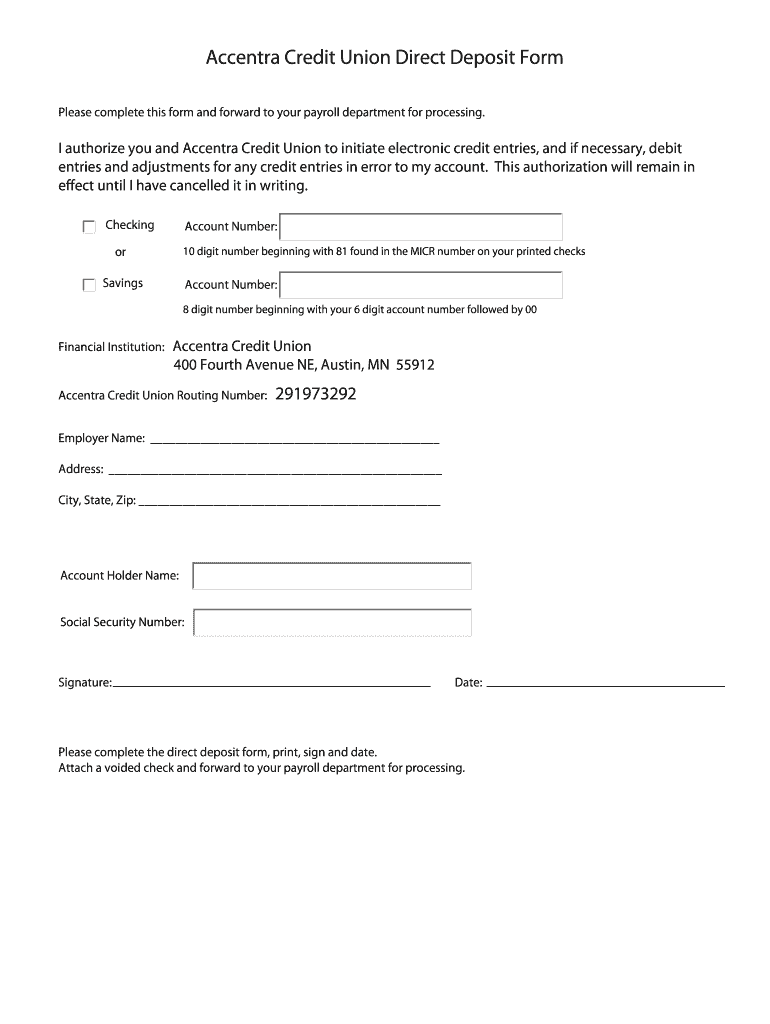 Accentra Credit Union Direct Deposit Form Preview on Page 1