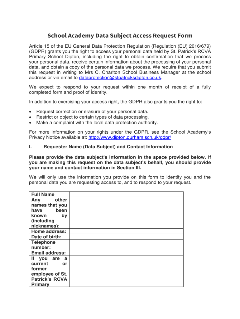 Fillable Online 1 Data Subject Access Request Form Article 15 of the EU ...