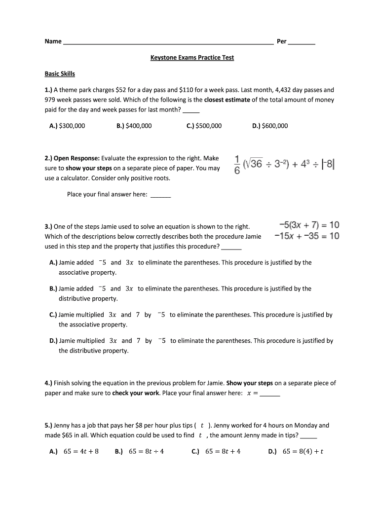 Fillable Online Name Per Keystone Exams Practice Test 1.) closest